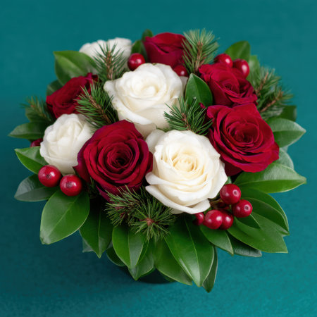Festive bouquet of red and white roses.の素材