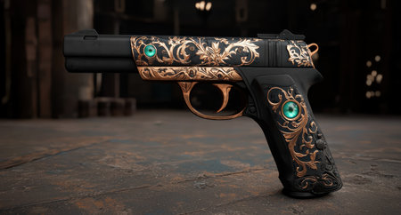 Ornate pistol with gold filigree and emerald accents.の素材