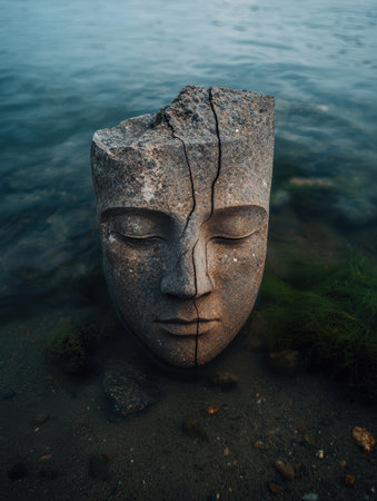 Cracked stone face sculpture in tranquil water setting.の素材