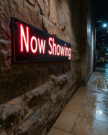 Neon "Now Showing" sign glows on a brick wall.の素材