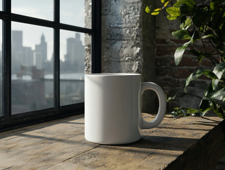 White mug on wooden ledge with city view.の素材