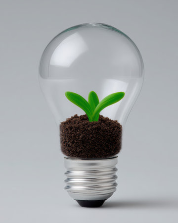 Green sprout growing inside a lightbulb, symbolizing new ideas.の素材