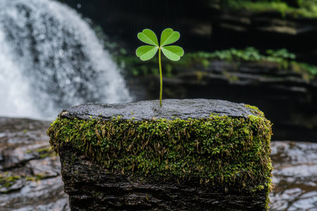 Four leaf clover growing on mossy rock near waterfall.の素材