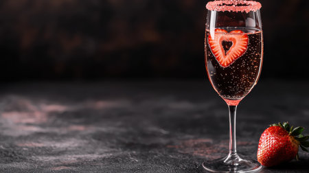 Elegant champagne cocktail with strawberry heart garnish.の素材