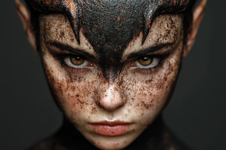 Intense portrait of a woman with striking face paint.の素材