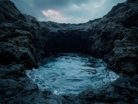 Moody seascape: water-filled cove surrounded by dark rocks.の素材