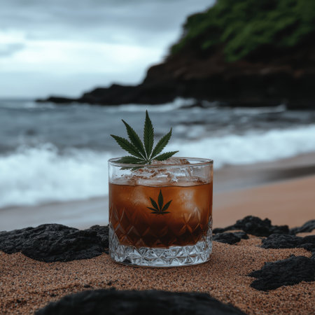 Cannabis cocktail on a sandy beach at sunset.の素材