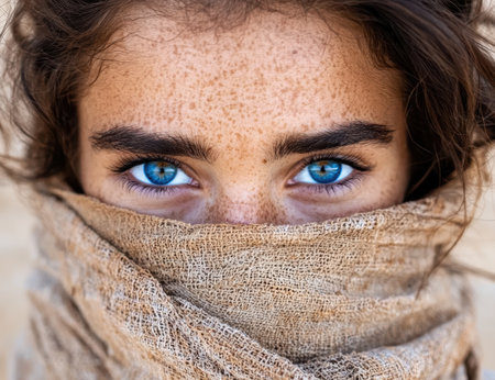 Intense blue eyes of a freckled young woman.の素材