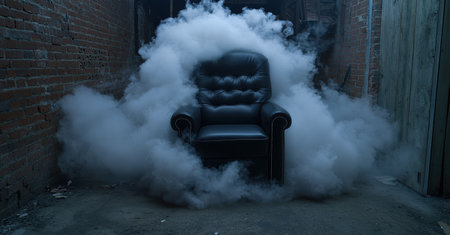 Black leather armchair engulfed in mysterious smoke in alleyway.の素材