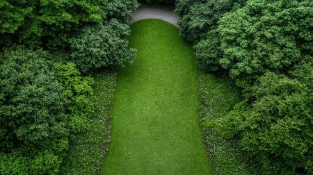 Lush green lawn and trees from above.の素材