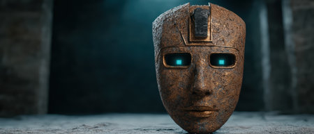 Ancient robot mask with glowing eyes in dark room.の素材