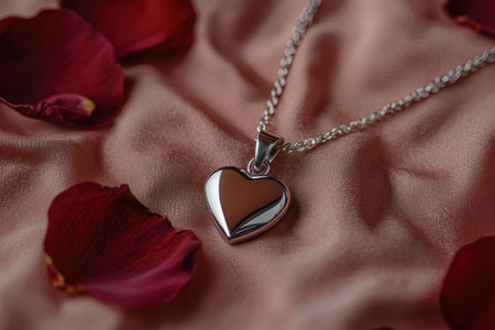 Elegant heart pendant necklace with rose petals on silkの素材