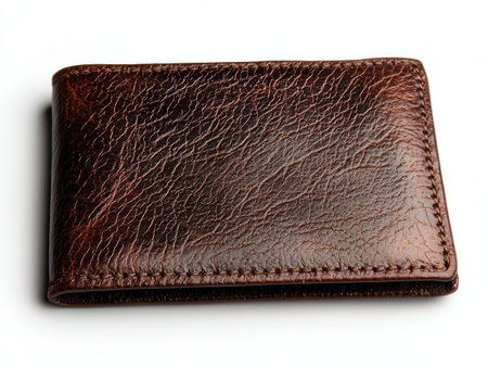 Elegant brown leather wallet with textured surface.の素材