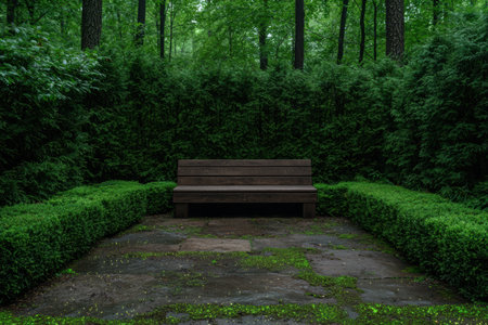 Bench nestled in a verdant, tranquil garden setting.の素材