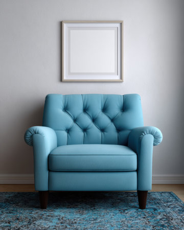 Comfortable blue armchair with picture frame on wall.の素材