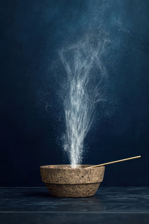 Mystical dust rising from a rustic bowl with spoon.の素材