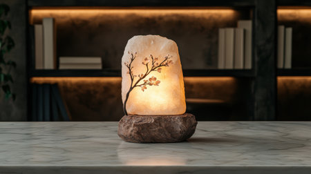 Glowing salt lamp with cherry blossom design on table.の素材