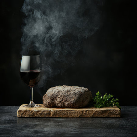 Rustic loaf of bread with wine and wafting smoke.の素材