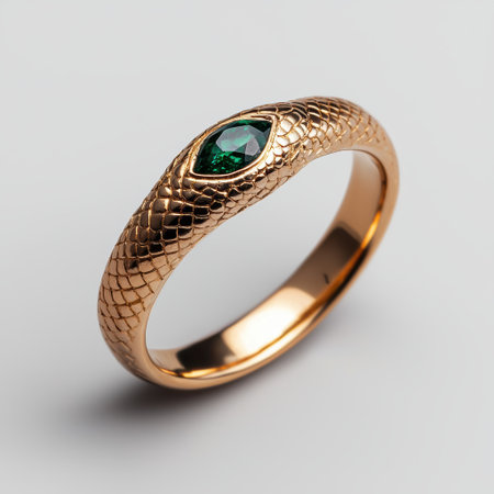 Elegant gold snake ring with emerald gemstone.の素材
