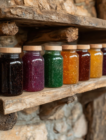 Colorful fruit preserves on rustic wooden shelf.の素材