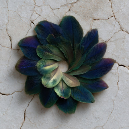 Iridescent feathers arranged in a circular pattern on marble.の素材