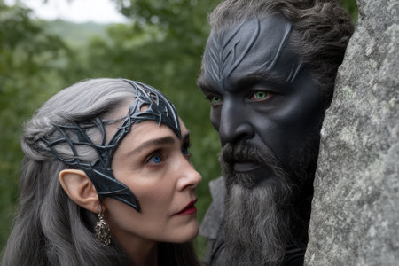 Fantasy elf queen gazes at dark elf warrior.の素材