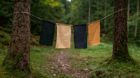 Rustic burlap cloths hanging on a line in forest.の素材