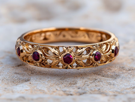 Ornate gold ring with ruby gemstones on textured surfaceの素材