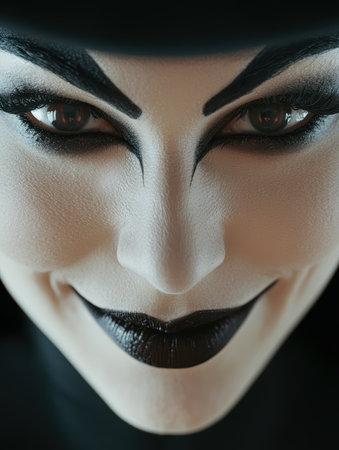 Dramatic close-up of a woman with theatrical makeup.の素材