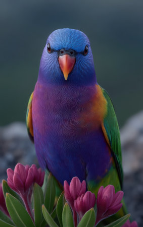 Vibrant rainbow lorikeet perched among pink flowers.の素材