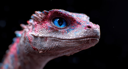 Detailed close-up of a colorful reptile head.の素材