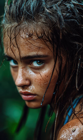 Intense gaze of a wet, freckled young woman.の素材