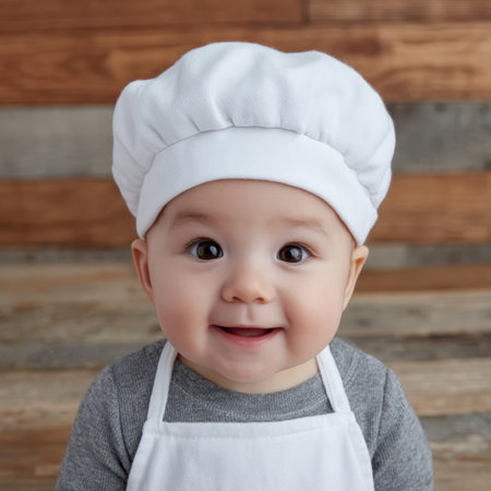 Smiling baby chef wearing hat and apronの素材