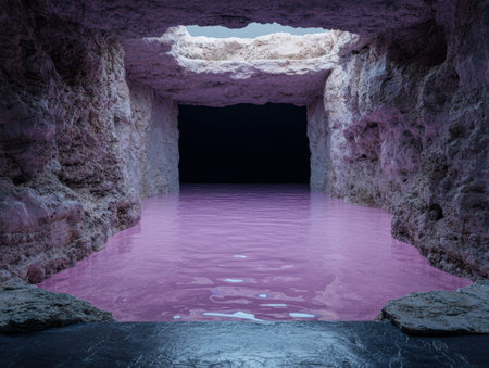 Surreal cave with pink water and skylight.の素材