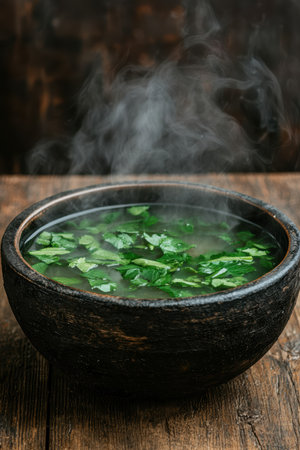 Steaming bowl of fresh herbal soup on wood tableの素材