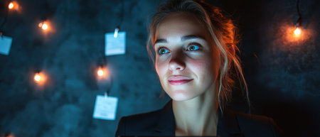 Smiling woman in dark room with string lights.の素材