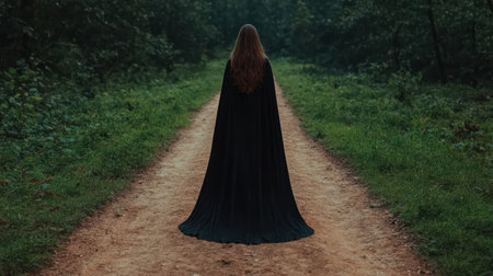 Woman in black cloak walking on forest path.の素材