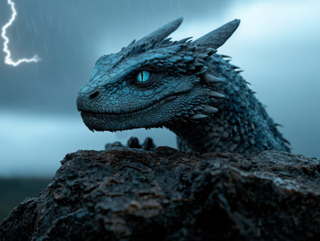 Majestic blue dragon perched on a rocky outcrop.の素材