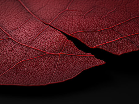 Detailed red leaf veins against black background.の素材
