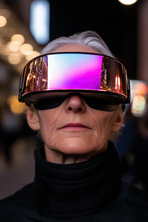 Mature woman wearing futuristic VR glasses in cityの素材