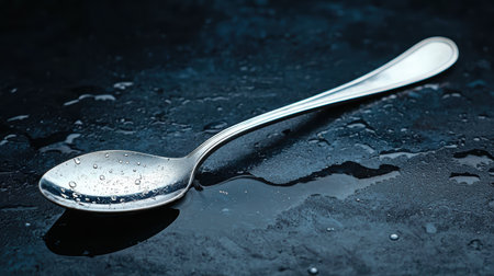 Silver spoon with water droplets on dark surface.の素材