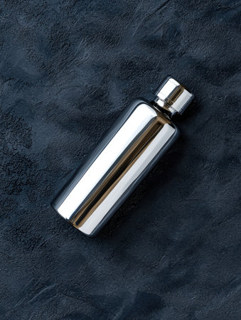 Sleek stainless steel flask on dark textured surface.の素材