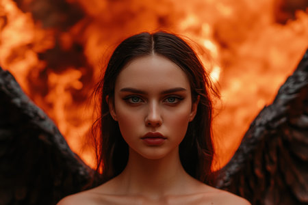 Dark angel with wings against fiery backgroundの素材