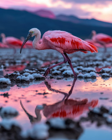 Roseate spoonbill wading in shallow water reflecting sunset colors.の素材