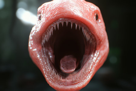 Terrifying deep sea fish with sharp teeth open mouth.の素材