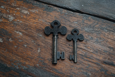Two ornate antique keys on rustic wooden surface.の素材