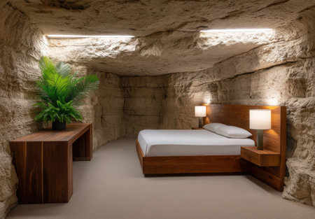 Unique bedroom interior with stone walls and modern furniture.の素材
