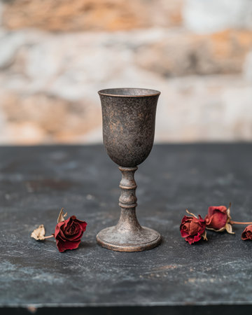 Antique metal goblet with dried roses on dark surface.の素材