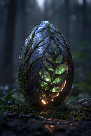 Luminous leaf glowing within a stone egg in forest.の素材