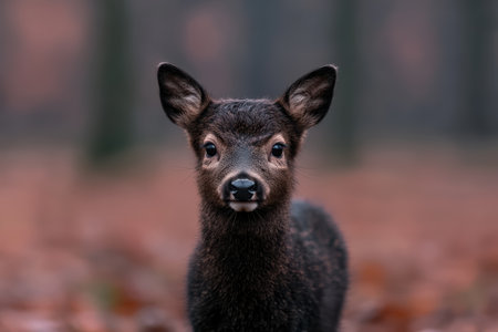 Melanistic fawn stares intently at the camera.の素材